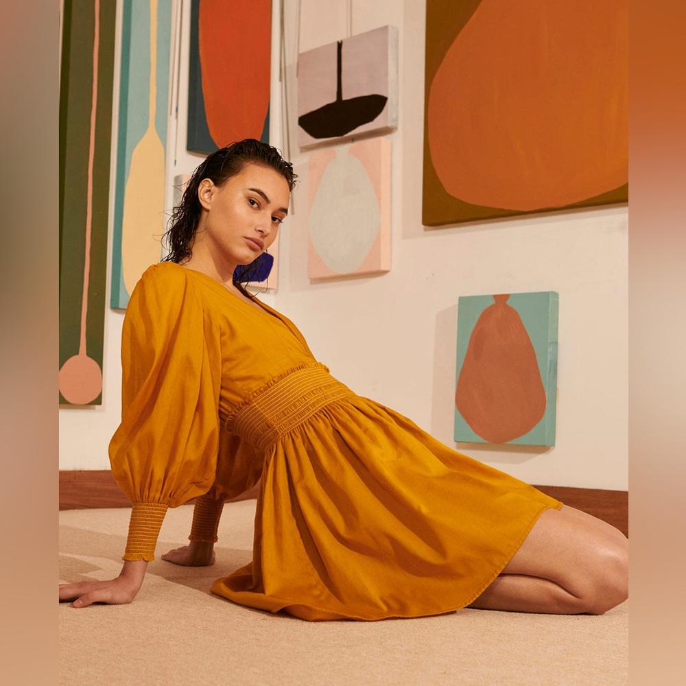 NWT ESCVDO Misa Deep V Dress, mustard yellow